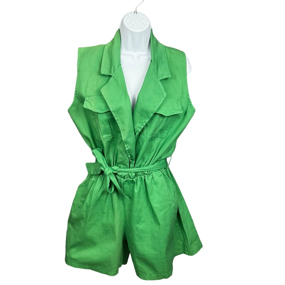 Saga Italy Kelly Green Cotton Romper One Size Fits Most Elastic Waist Belted